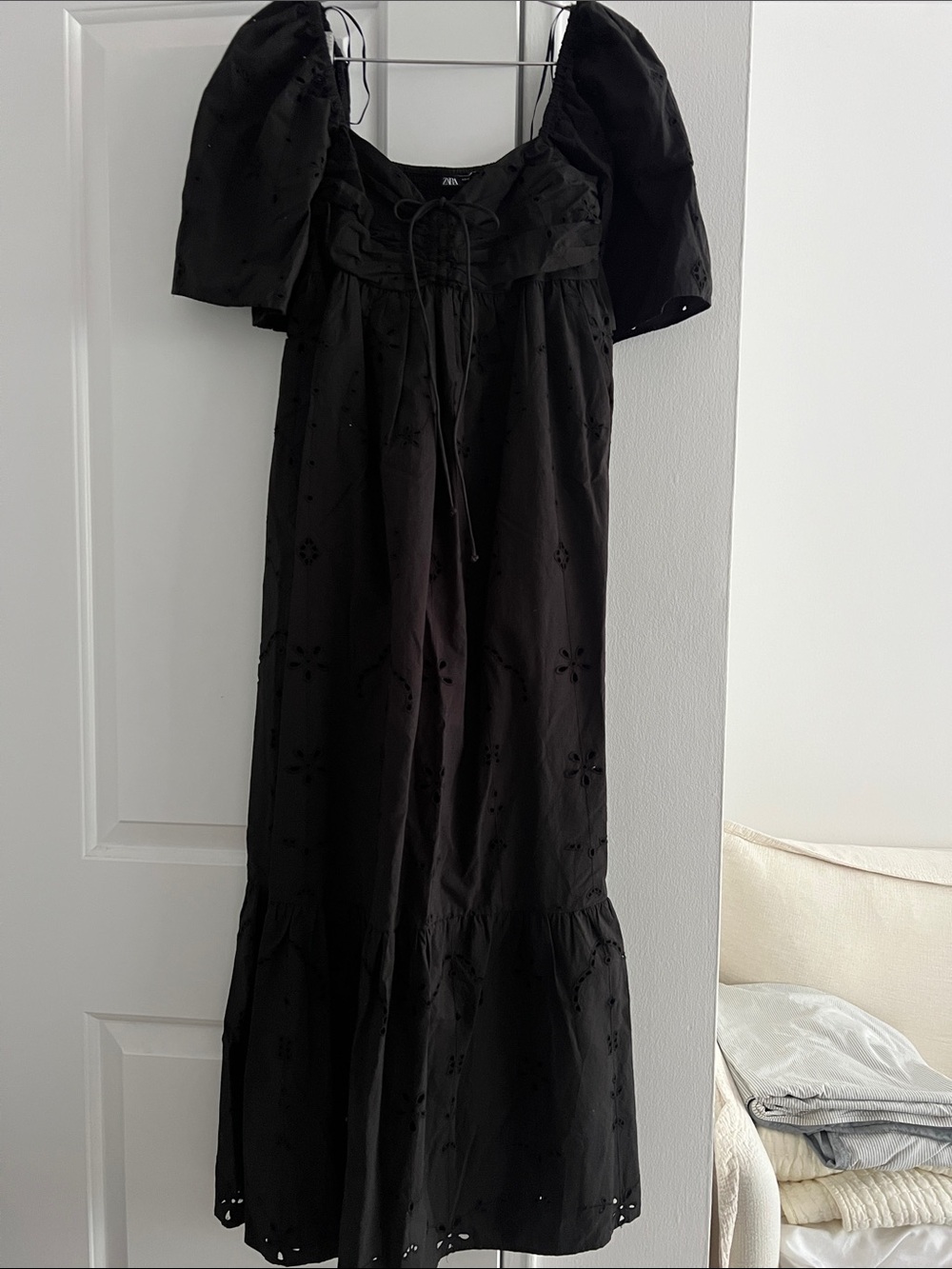 Zara Black Eyelet Tiered Midi Dress with Puff Sleeves